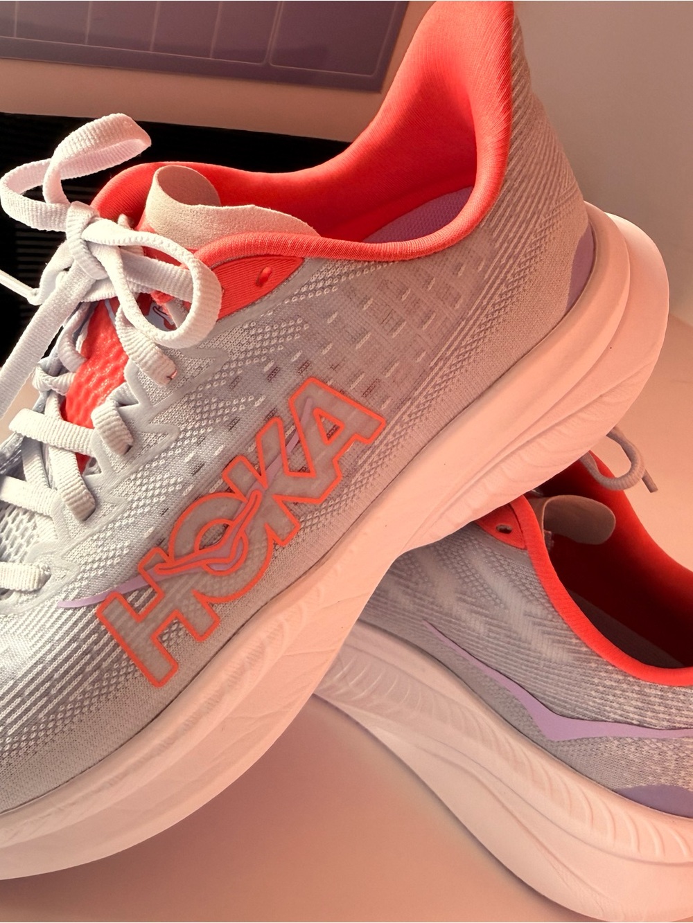 Hoka One One Women’s Light Gray Running Shoes with Coral and Lavender Accents